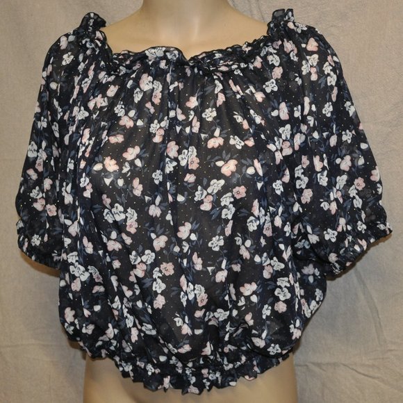 jon & anna contemporary womens black floral top sheer & sparkle sz large (32G) - Picture 1 of 9